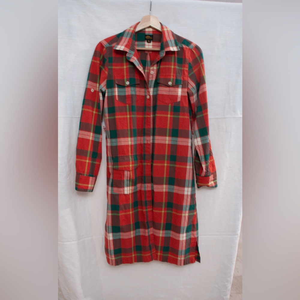 LL Bean‎ Cotton Plaid Button-Front Shirt Dress in Red and Green Classic